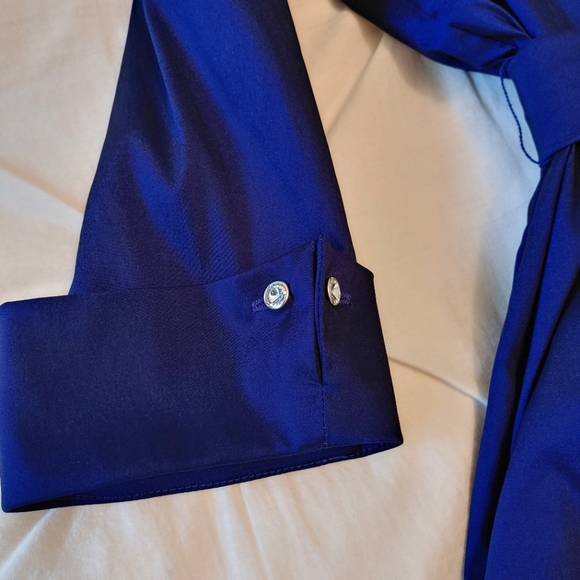 Le Chateau Y2k royal blue irridescent chrome ruffle wrap dress shirt. Size L - Picture 7 of 13